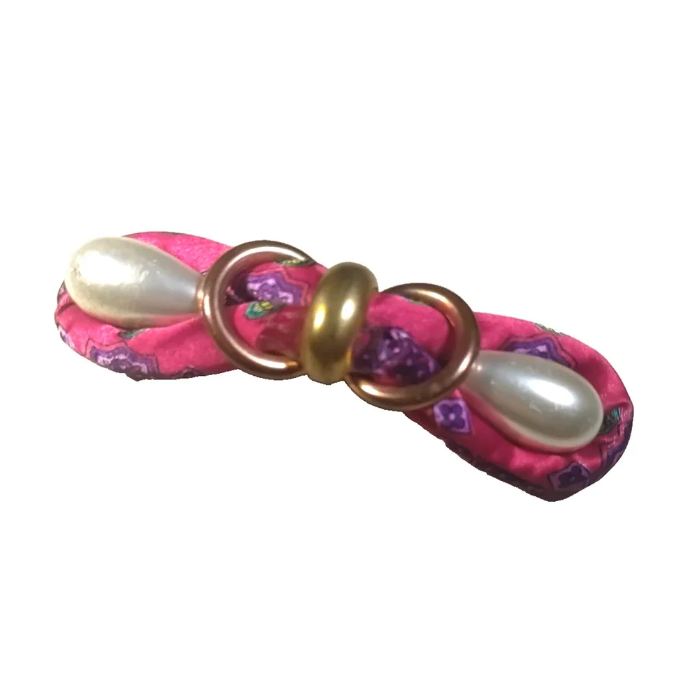 Home Made Hair Barrette Tension Clip Faux Pearls Gold Tone Red